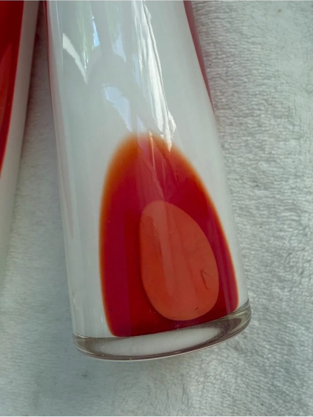 2 Vintage Murano Hand-Blown Art Glass Vases White Base Red Pulled Cane Dots